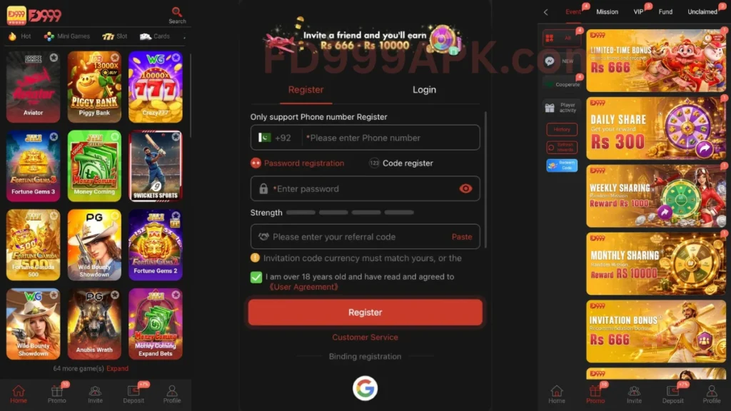 FD999 Game App internal interface, registration section and promotion center of game