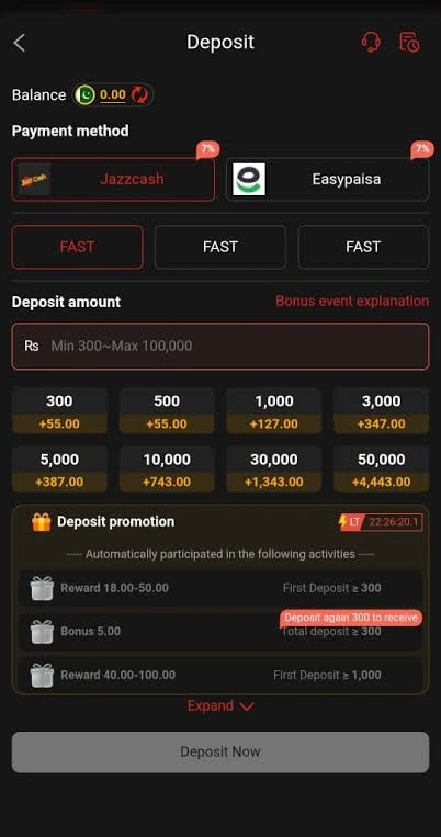 Deposit section of FD999 Game App